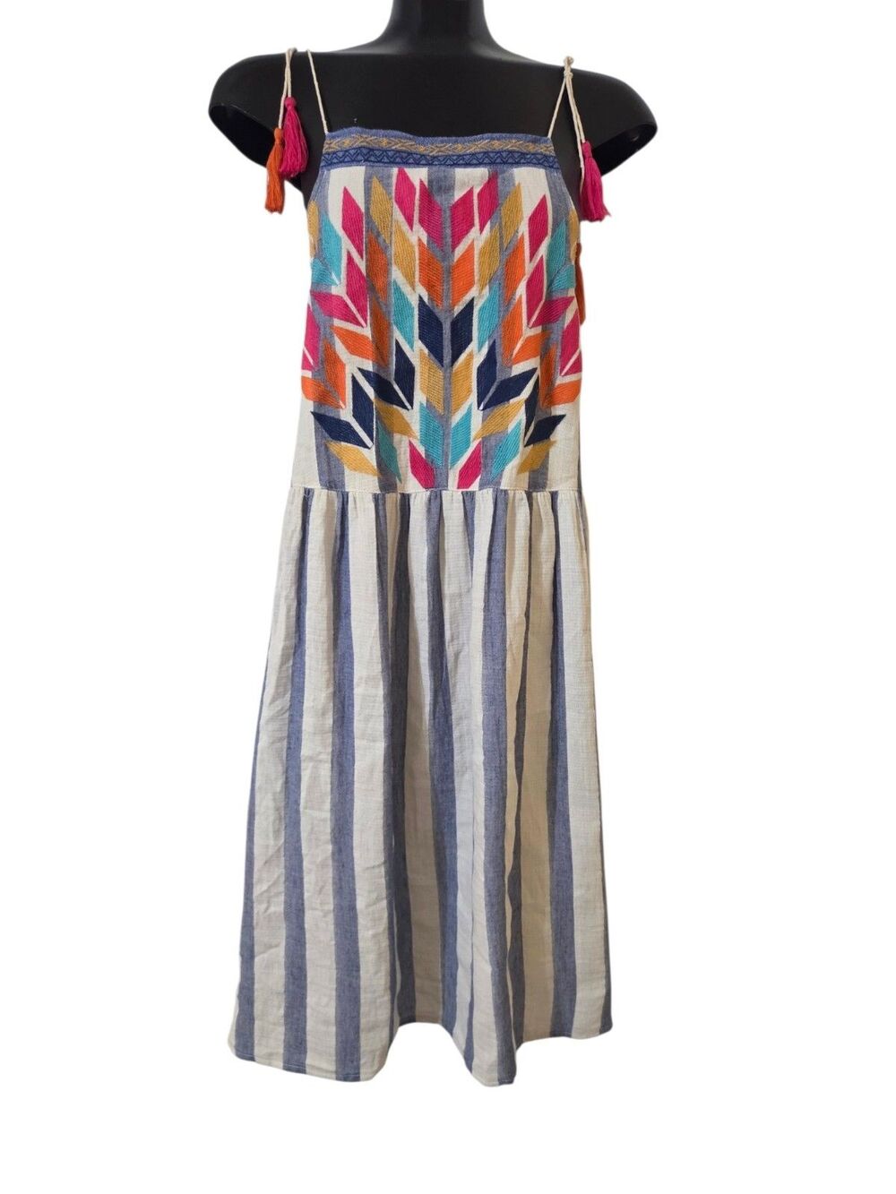 Altar'd State Multicolor Embroidered Midi Dress with Tassel Straps